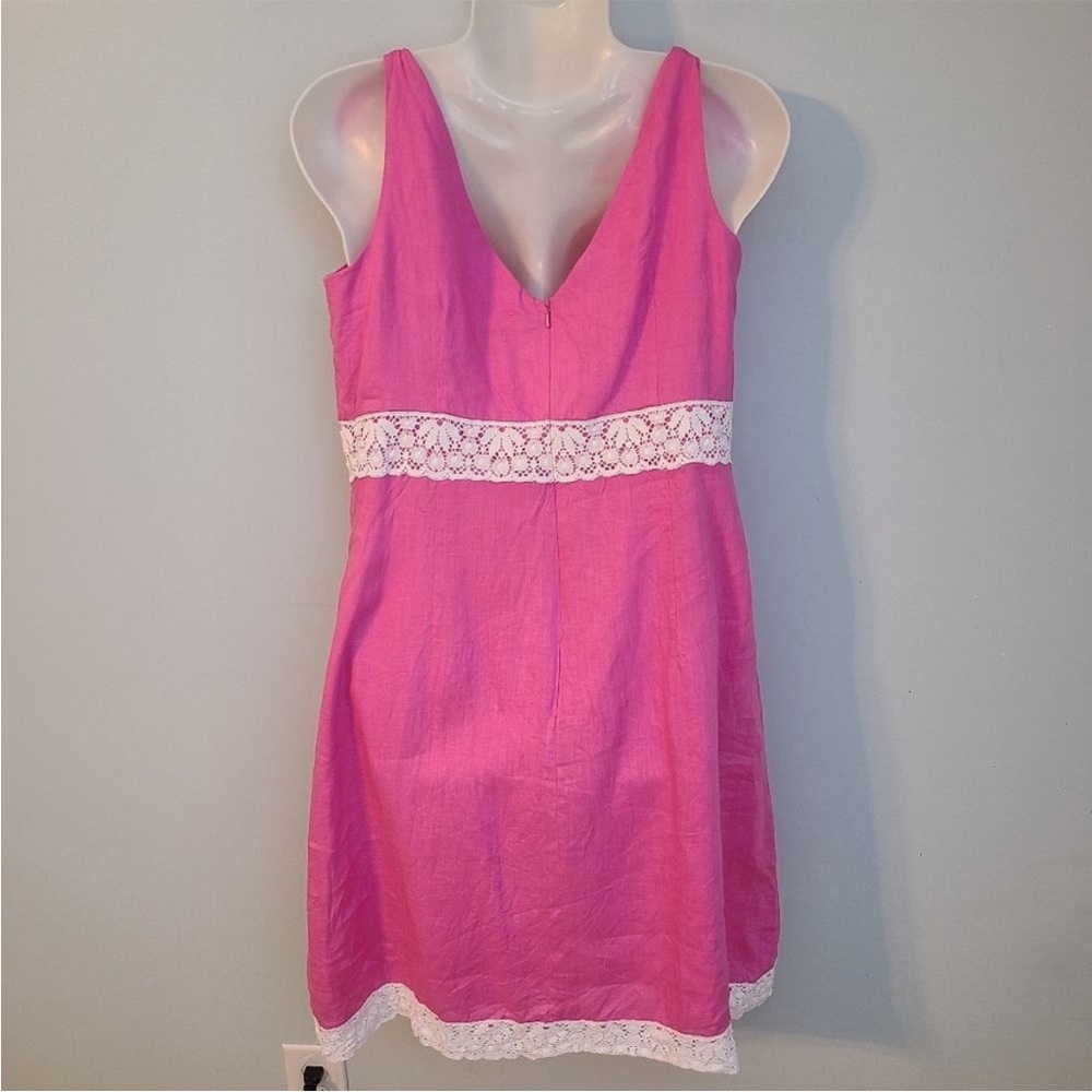 Lilly Pulitzer Tie-Shoulder Pink Womens 14 Lace Trim Lined Linen Summer Dress